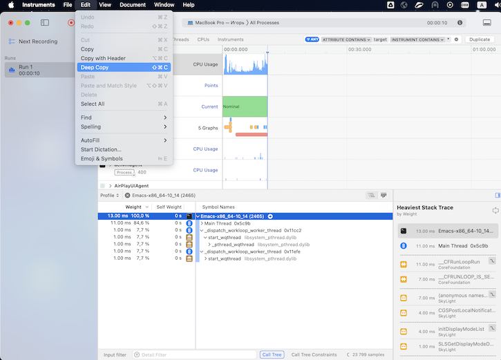 экспорт stacktrace Instruments
